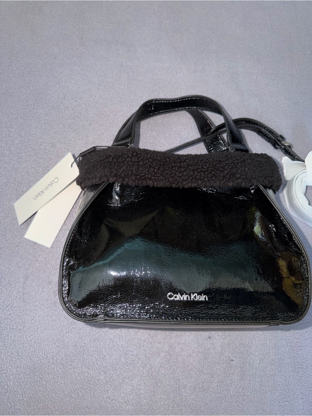 NWT Calvin Klein Black Patent Shoulder Bag with Textured Trim